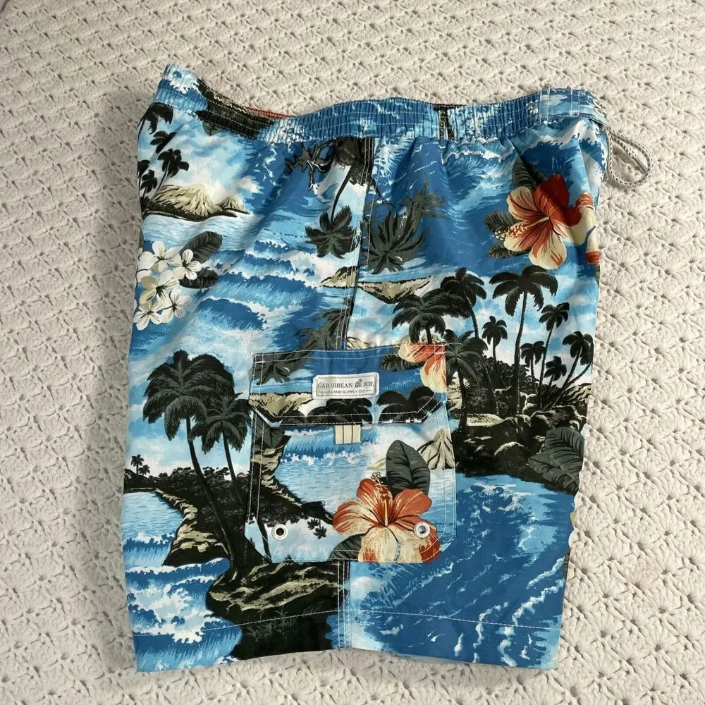 Caribbean Swim Trunks Mens L Mesh Lined Bathing Board Shorts Tropical Palm Trees